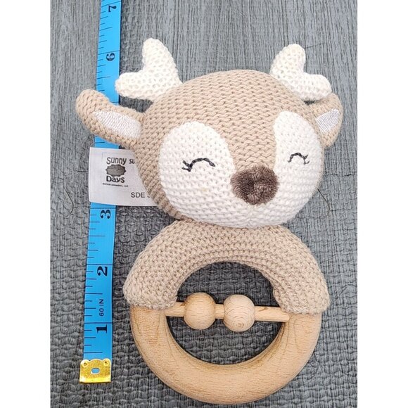 Sunny Days Entertainment Knit Crochet Wood Deer Rattle Infant Baby Toy Plush - Picture 4 of 4
